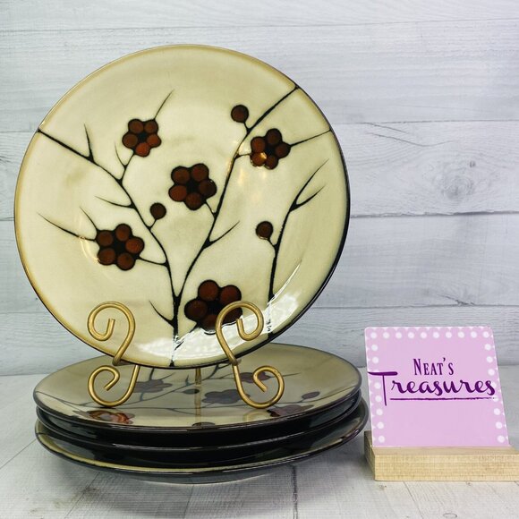 Pfaltzgraff ASTER Red Flower Beige Brown Body Stoneware Coupe Dinner Plate Set 4 - Picture 1 of 9
